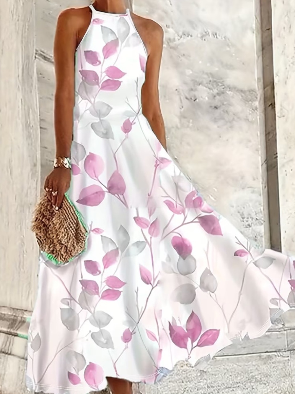 Floral Halter Maxi Dress in Pink and White